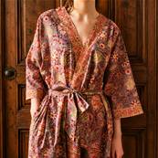 Kimono Indien Artisanal Coton violet fleurs roses