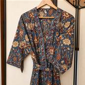 Kimono Indien Artisanal Coton bleu fleurs or et rouge