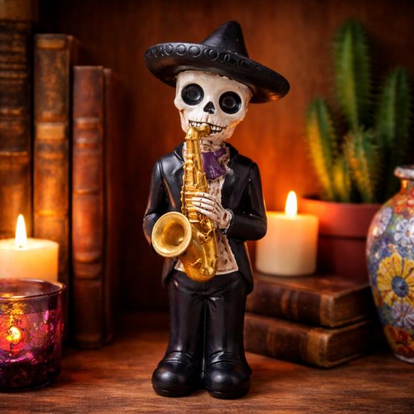 Statut squelette chanteur mexicain saxo