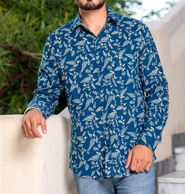 Chemise homme manche longue bleue motifs oiseaux