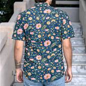 Chemise homme manche courte vert-bleu fleurs roses 100% coton – Élégance naturelle