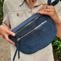 Sac banane double velour cotelé bleu