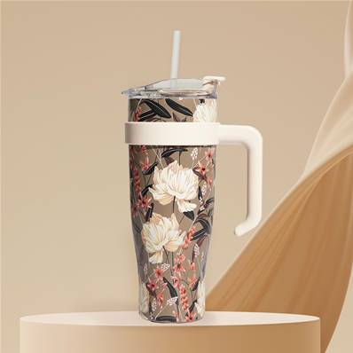 Mug de transport 1.2l avec paille fond fleurs blanches