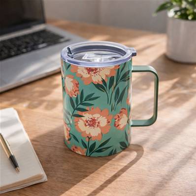 Mug de transport double paroi inox 45cl vert fleuri