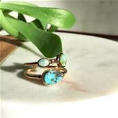 Bague 2 Rangs Dors, 3 Pierres Turquoise Africaine