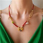 Collier chinois cordon en metal et email, orange et bleu