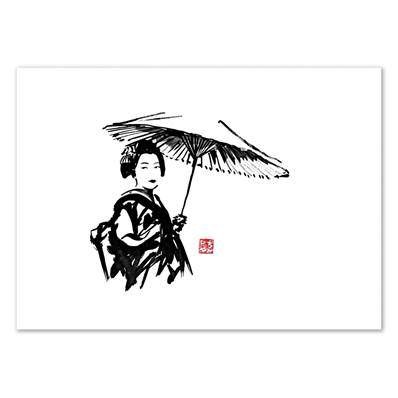 Affiche Geisha parapluie aquarelle noir et blanc 30xcm Pechane Sumie