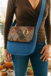 Sac Besace Canvas motifs INCA bleu et losanges mdium