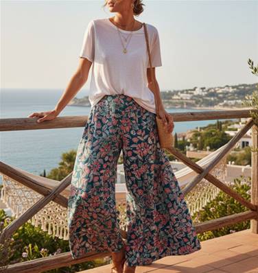 Pantalon large taille unique fleurs roses