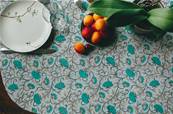 Tenture indienne coton blockprint 150x225cm bleue fleurs bleues turquoise