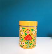 Boite inox indienne peinte à la main jaune motif fleurs grande