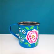 Mug indien peint à la main bleu grandes fleurs GM