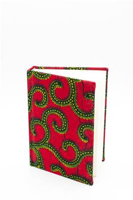 Carnet de notes, tissu WAX africain, Rouge arabesques jaunes