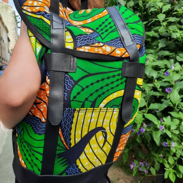 Sac à dos en wax motif vert et jaune