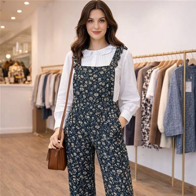 Salopette velours bleu marine à motifs fleuris