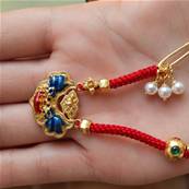 Collier chinois cordon en metal et email, orange et bleu