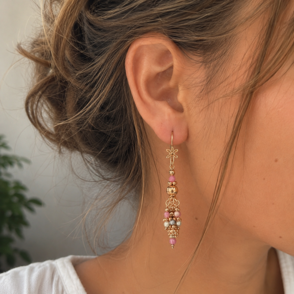 Boucles d’oreilles pampilles en laiton doré et pierres naturelles roses