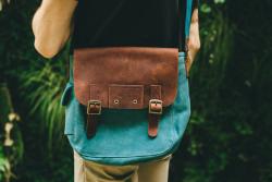 Sac besace bandoulière cuir et coton blue 29x31cm