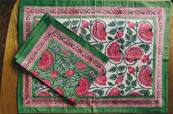 Tenture indienne coton blockprint 225x270cm vert et rose