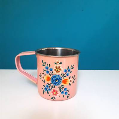 Mug indien peint à la main rose motifs fleurs bleues PM