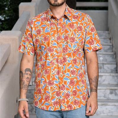Chemise homme manche courte fleurs orange feuilles bleues
