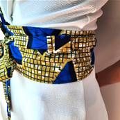 Ceinture obi wax ocre bleu graphique