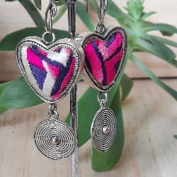 Boucles d'oreilles ethniques du Tibet coeur rose et bleu