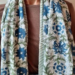 Etole, écharpe ou paréo coton imprimé fleurs bleu block print 9