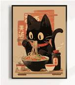 Affiche Chat noir qui mange un ramen 30cm x 40 cm