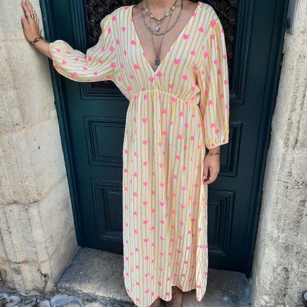 Robe longue rose cœurs rouges gaze de coton