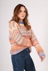 Pull col rond pastel rayé turquoise et rose – Taille unique