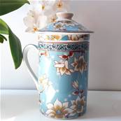 Tisanière chinoise antique bleu ciel et fleurs blanches