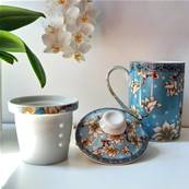 Tisanière chinoise antique bleu ciel et fleurs blanches