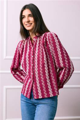 Chemisier bordeaux brodé à motifs écrus – Col rond boutonné