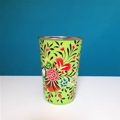 Gobelet indien peint à la main vert motifs fleurs GM