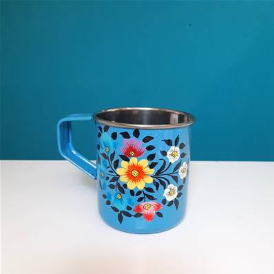 Mug indien peint à la main bleu motifs floral PM