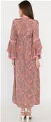 Robe longue en soie col v décolleté lacets rose clair motifs cachemire roses