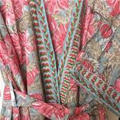 Kimono Indien Artisanal Coton gris bleu fleurs roses