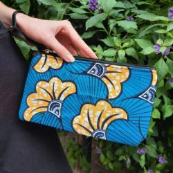 Trousse en wax fleur de mariage turquoise et jaune