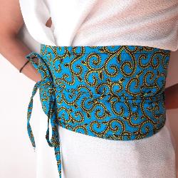 Ceinture obi wax bleu turquoise volutes jaunes