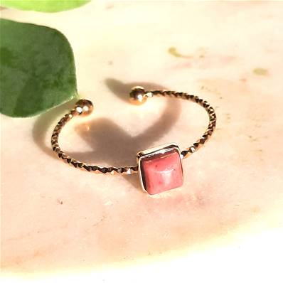 Bague "Harmonie Rosée" - Pierre Carrée Rhodonite et Acier Inoxydable