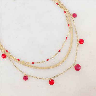 Collier "Rouge Passion" 3 rangs perles rouges avec maille