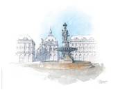 Affiche Fontaine Trois Grces Bourse Bordeaux 30x40cm Aquarelle08