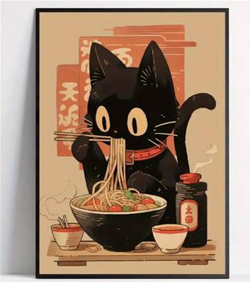 Affiche Chat noir qui mange un ramen 30cm x 40 cm