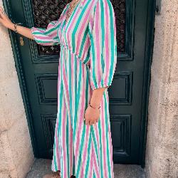 Robe longue rayée blanc vert rose fluo gaze de coton