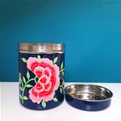 Boite inox indienne peinte à la main bleu nuit œillet rose GM