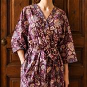 Kimono Indien Artisanal Coton prune fleurs bleues