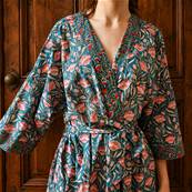 Kimono Indien Artisanal Coton turquoise tulipe roses