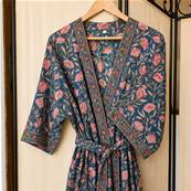 Kimono Indien Artisanal Coton turquoise tulipe roses