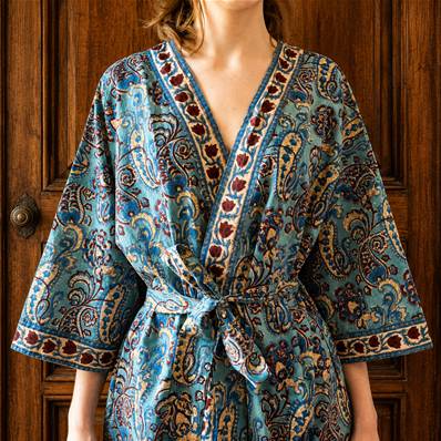 Kimono Indien Artisanal Coton turquoise motifs cachemire